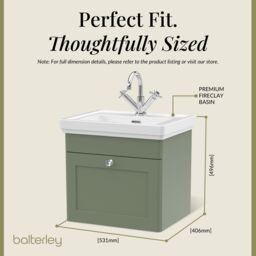 Balterley Bathroom Wall Hung 1-Drawer Vanity Unit & Fireclay Basin, Green, 500mm in Green - thumbnail 5