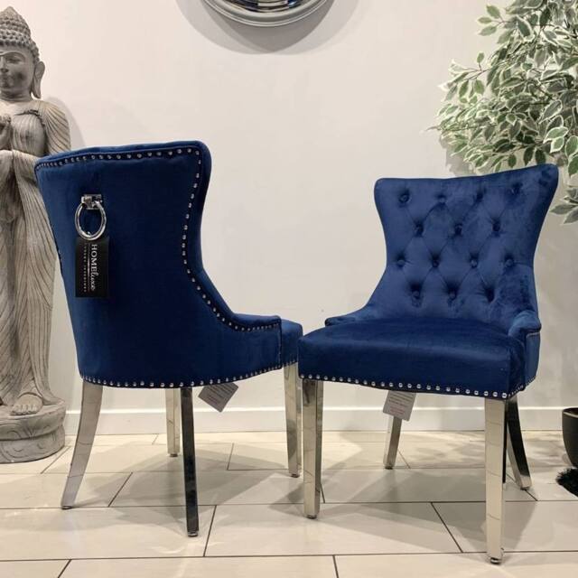 HOME LUXE INTERIOR Aydin Royal Blue Velvet Dining Chairs Chrome Legs Ring Knocker Pair - image 1