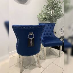 HOME LUXE INTERIOR Aydin Royal Blue Velvet Dining Chairs Chrome Legs Ring Knocker Pair - thumbnail 4