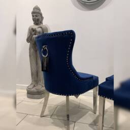 HOME LUXE INTERIOR Aydin Royal Blue Velvet Dining Chairs Chrome Legs Ring Knocker Pair - thumbnail 2