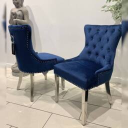 HOME LUXE INTERIOR Aydin Royal Blue Velvet Dining Chairs Chrome Legs Ring Knocker Pair - thumbnail 3