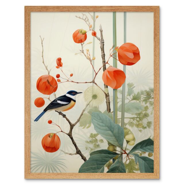 "Artery8 Wall Art Print Small Bird on Blooming Tree Branch Botanical Artwork Red Teal Nature Study Audubon Style Art Framed - Size: W12"" x H16""" - image 1