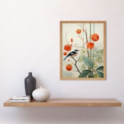 "Artery8 Wall Art Print Small Bird on Blooming Tree Branch Botanical Artwork Red Teal Nature Study Audubon Style Art Framed - Size: W12"" x H16""" - thumbnail 2