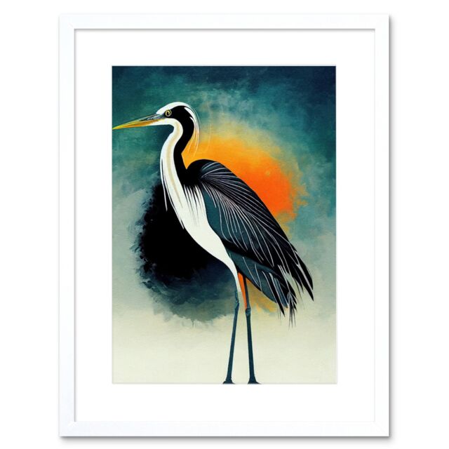 "Artery8 Wall Art Print Heron Monochrome Bird Portrait Orange Sunrise Acrylic Paint Artwork Framed 9X7 Inch in White - Size: W7"" x H9""" - image 1