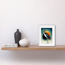 "Artery8 Wall Art Print Heron Monochrome Bird Portrait Orange Sunrise Acrylic Paint Artwork Framed 9X7 Inch in White - Size: W7"" x H9""" - thumbnail 2