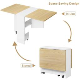 VOGREX 120cm White Wood Folding Dining Table Wheels 4-6 Seater in Beige - thumbnail 3