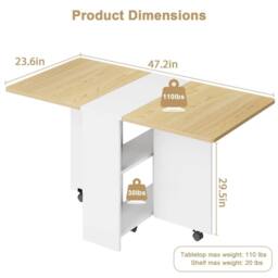 VOGREX 120cm White Wood Folding Dining Table Wheels 4-6 Seater in Beige - thumbnail 2