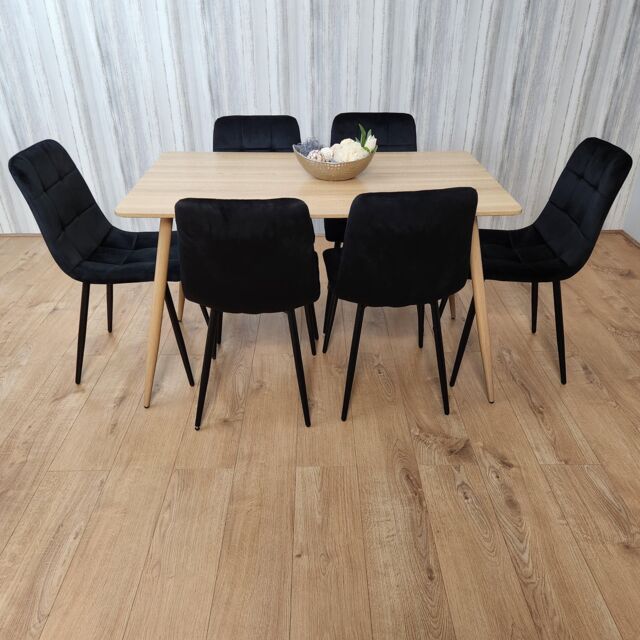 KOSY KOALA Rectangle Oak Effect Kitchen Dining Table With 6 Black Velvet Tufted Chairs Dining Set - image 1