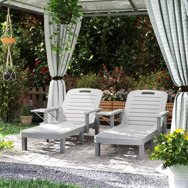 OUTSUNNY Set of 2 Resin Reclining Sun Loungers for Garden in Light Grey