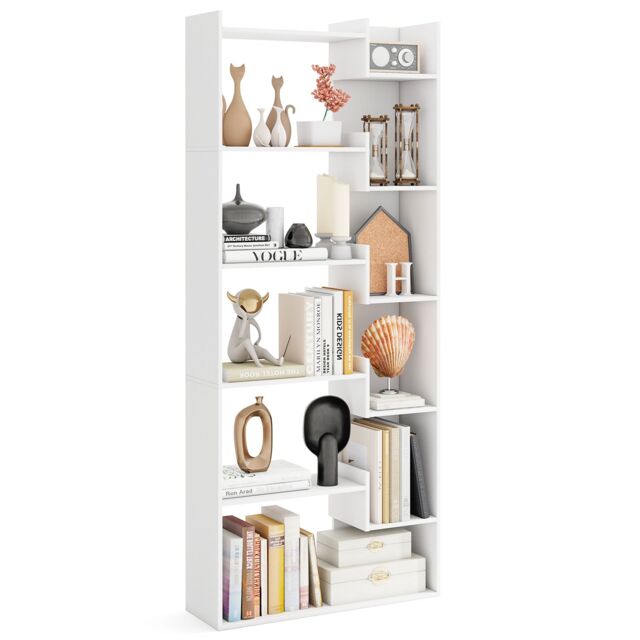 Gymax Modern 11-Shelf Bookshelf Wooden Bookcase With 2 Anti-Tipping Kits in White - image 1