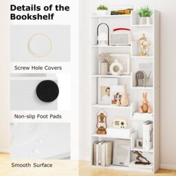 Gymax Modern 11-Shelf Bookshelf Wooden Bookcase With 2 Anti-Tipping Kits in White - thumbnail 6
