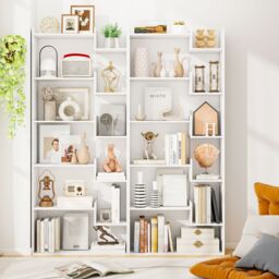 Gymax Modern 11-Shelf Bookshelf Wooden Bookcase With 2 Anti-Tipping Kits in White - thumbnail 4