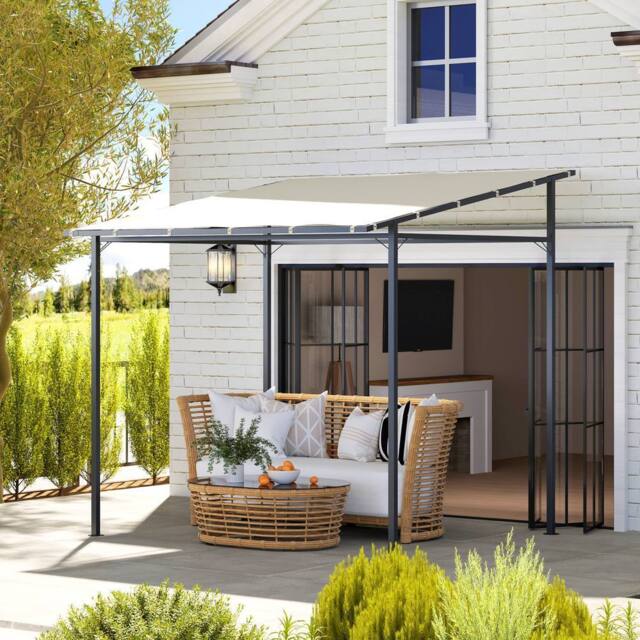 OUTSUNNY 2.4 x 2.4 m Wall Mounted Pergola Gazebo with PA Coating Fabric in Cream - image 1