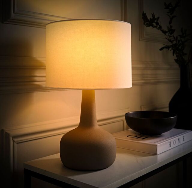 ValueLights Hayley Natural Linen Drum Shade Squat Base Ceramic Stonewear Table Lamp & Bulb in Grey - image 1