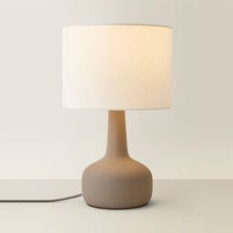 ValueLights Hayley Natural Linen Drum Shade Squat Base Ceramic Stonewear Table Lamp & Bulb in Grey - thumbnail 6