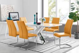 FurnitureboxUK Atlanta Modern Rectangle Chrome Metal High Gloss White Dining Table & 6 Lorenzo Chairs Set in Mustard - thumbnail 1