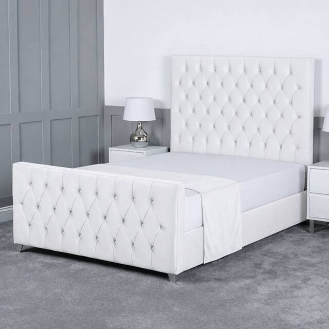 Living Comfort Bedz Vertex Plush Velvet Upholstered Bed Slatted Base with 48Inch Headboard in White - Size: Super King - image 1