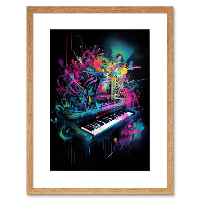 "Artery8 Wall Art Print Melodic Explosion Piano Bursting in Vibrant Colours Modern Acrylic Paint Painting Artwork Framed 9X7 Inch - Size: W7"" x H9""" - image 1