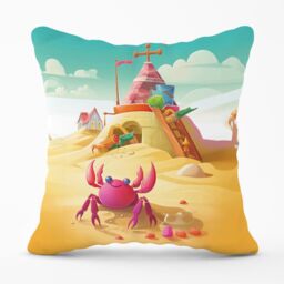 Warren Reed - Designer Pink Crab On A Beach Holiday Outdoor Cushion in Yellow - Size: 60 cm x 60 cm - thumbnail 1