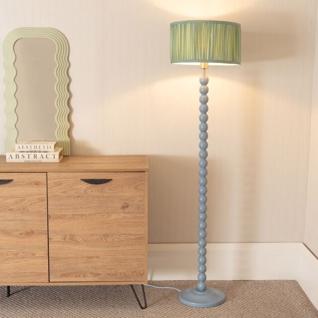 ValueLights Bobbins Powder Blue Floor Lamp with Ruched Pleated Drum Lamp Shade & LED Bulb in Pale Green - image 1