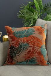 Paoletti Palm Grove Velvet Jacquard Fern Cushion in Teal - Size: 50 cm x 50 cm - thumbnail 4