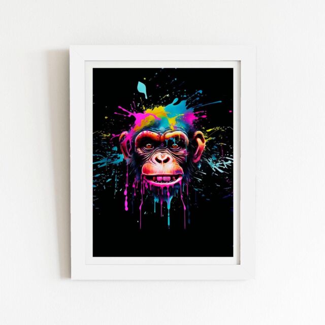 "Warren Reed - Designer Multi Coloured Monkey Face Splashart Framed Art Print in White - Size: W20"" x H30""" - image 1