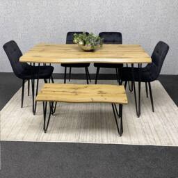 KOSY KOALA Wooden Dining Table with Bench & 4 Black Velvet Chairs - Stylish Dining Room Furniture in Brown