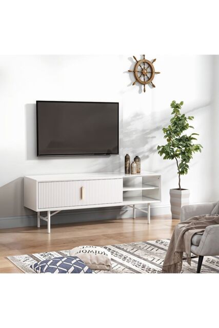 Living and Home White Striped Wooden TV Stand - image 1