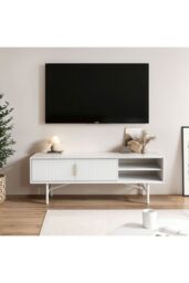 Living and Home White Striped Wooden TV Stand - thumbnail 2