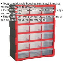 Loops 375 x 165 x 470mm 18 Drawer Parts Cabinet - RED - Wall Mounted / Standing Box - thumbnail 2