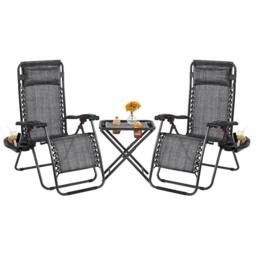 EONLION Grey 3PCS Zero Gravity Recliner Foldable Outdoor Sunlounger Table Set