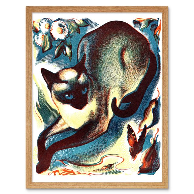 "Artery8 Wall Art Print Siamese Cat Flower & Butterfly Animal Linocut Colourful Art Framed in Light Oak - Size: W12"" x H16""" - image 1