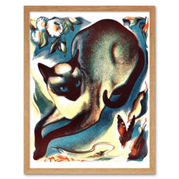 "Artery8 Wall Art Print Siamese Cat Flower & Butterfly Animal Linocut Colourful Art Framed in Light Oak - Size: W12"" x H16""" - thumbnail 1
