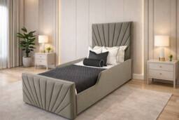 PARADISE BEDS LTD Single Upholstered Kids Bed Frame With Headboard in Beige - thumbnail 1
