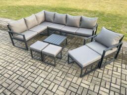 Fimous 10 Seater Outdoor Lounge Corner Sofa Set Aluminum Garden Furniture Sets with Square Coffee Table Chair 3 Footstools Dark Grey - thumbnail 2
