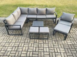 Fimous 10 Seater Outdoor Lounge Corner Sofa Set Aluminum Garden Furniture Sets with Square Coffee Table Chair 3 Footstools Dark Grey - thumbnail 1