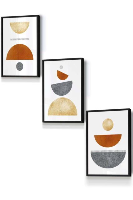 ARTZE Orange, Gold & Grey Abstract Mid Century Geometric Framed Wall Art - Small in Black - Size: W33 cm x H45 cm x D20mm - image 1