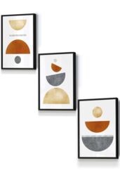 ARTZE Orange, Gold & Grey Abstract Mid Century Geometric Framed Wall Art - Small in Black - Size: W33 cm x H45 cm x D20mm