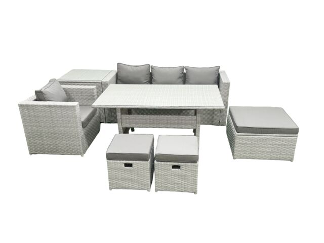 Fimous Rattan Garden Furniture Dining Set 7 Seater Lounge Sofa Chair Dining Table Set with 3 Footstools Side Table Light Grey Mixed - image 1
