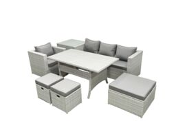 Fimous Rattan Garden Furniture Dining Set 7 Seater Lounge Sofa Chair Dining Table Set with 3 Footstools Side Table Light Grey Mixed - thumbnail 2