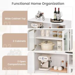 Costway Kitchen Side Cabinet Wooden Buffet Sideboard Cupboard w/ Tempered Glass Doors in White - thumbnail 5