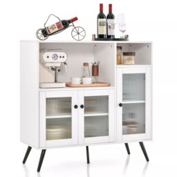 Costway Kitchen Side Cabinet Wooden Buffet Sideboard Cupboard w/ Tempered Glass Doors in White