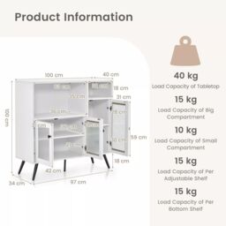 Costway Kitchen Side Cabinet Wooden Buffet Sideboard Cupboard w/ Tempered Glass Doors in White - thumbnail 2