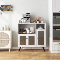 Costway Kitchen Side Cabinet Wooden Buffet Sideboard Cupboard w/ Tempered Glass Doors in White - thumbnail 3