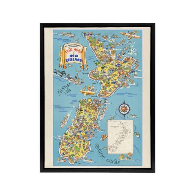 "Artery8 1938 Fun Pictorial Map Of New Zealand Framed Canvas Wall Art Print in Blue - Size: W12"" x H16""" - image 1
