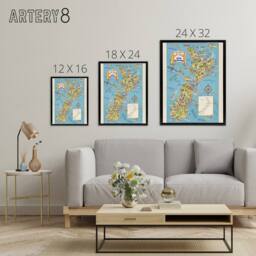 "Artery8 1938 Fun Pictorial Map Of New Zealand Framed Canvas Wall Art Print in Blue - Size: W12"" x H16""" - thumbnail 4