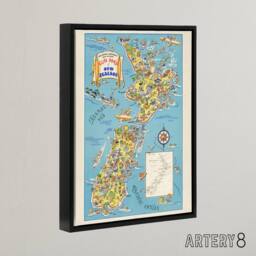 "Artery8 1938 Fun Pictorial Map Of New Zealand Framed Canvas Wall Art Print in Blue - Size: W12"" x H16""" - thumbnail 2