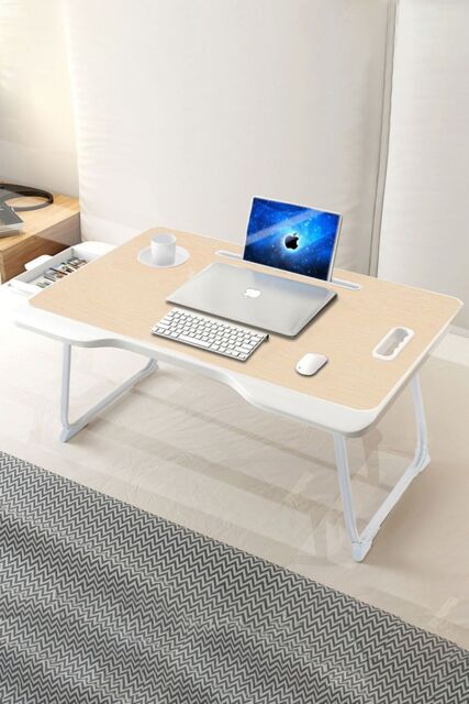 Living and Home Foldable Laptop Bed Desk with Storage Drawer Tablet Slot Cup Holder in Brown - image 1
