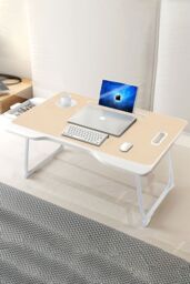 Living and Home Foldable Laptop Bed Desk with Storage Drawer Tablet Slot Cup Holder in Brown - thumbnail 1