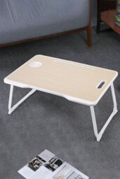 Living and Home Foldable Laptop Bed Desk with Storage Drawer Tablet Slot Cup Holder in Brown - thumbnail 4